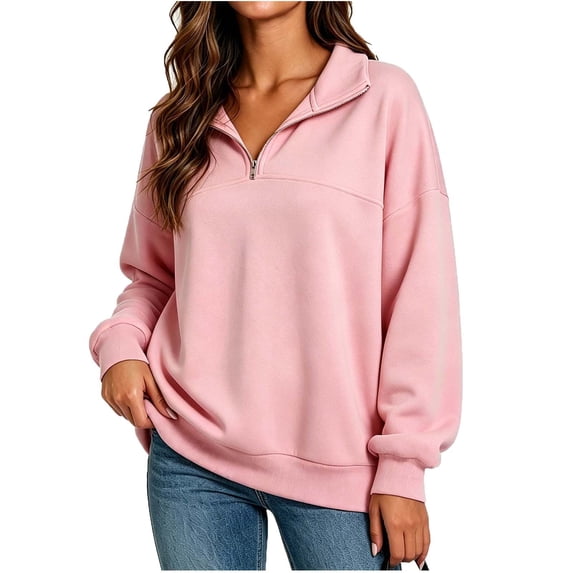 Ghalytn Women's Quarter Zip Collared Sweatshirt, Long Rib Cuff Sleeve Drop Shoulder Relaxed Fit Pullover Top