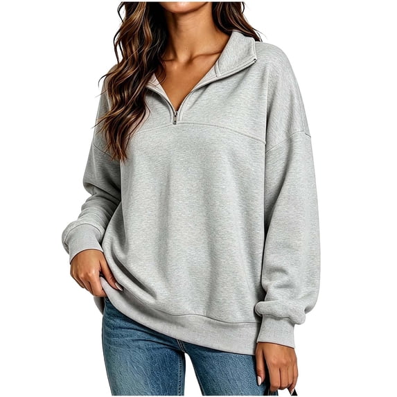 Ghalytn Women's Quarter Zip Collared Sweatshirt, Long Rib Cuff Sleeve Drop Shoulder Relaxed Fit Pullover Top