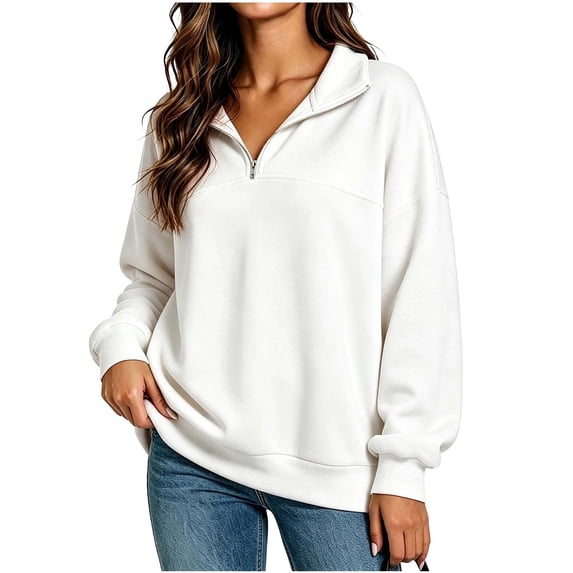 Ghalytn Women's Quarter Zip Collared Sweatshirt, Long Rib Cuff Sleeve Drop Shoulder Relaxed Fit Pullover Top
