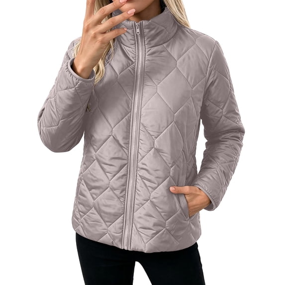 Ghalytn Women's Quilted Jacket Stand Collar Full Zip Lightweight Puffer Coat Long Sleeve Outerwear