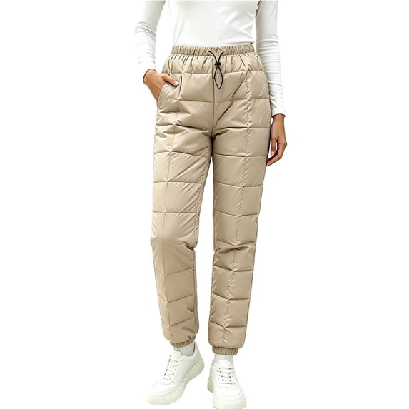 Ghalytn Women's Quilted Padded Winter Jogger Pants - Drawstring Warm Cuffed Ankle Trousers with Pockets