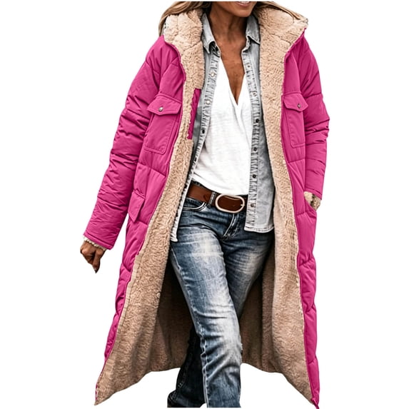 Ghalytn Women's Reversible Long Hooded Winter Coat, Fleece Lined Puffer Jacket with Pockets