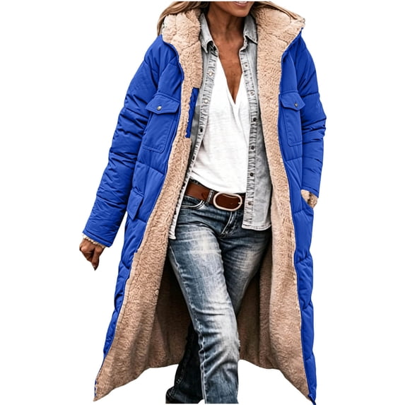 Ghalytn Women's Reversible Long Hooded Winter Coat, Fleece Lined Puffer Jacket with Pockets