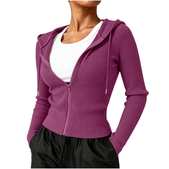 Ghalytn Women's Ribbed Knit Zip Up Hooded Crop Jacket Long Sleeve Slim Fit Casual Cardigan
