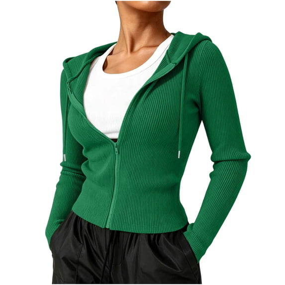Ghalytn Women's Ribbed Knit Zip Up Hooded Crop Jacket Long Sleeve Slim Fit Casual Cardigan