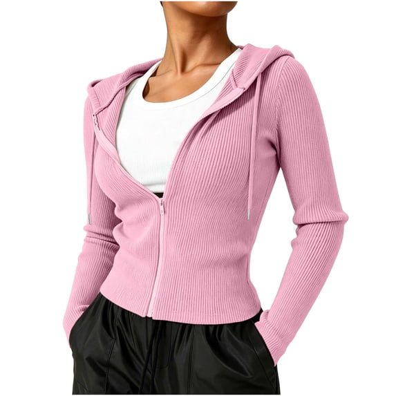 Ghalytn Women's Ribbed Knit Zip Up Hooded Crop Jacket Long Sleeve Slim Fit Casual Cardigan