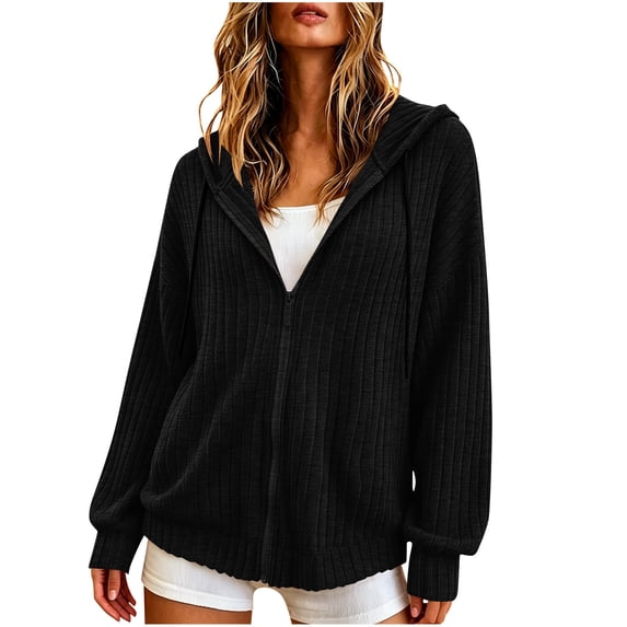 Ghalytn Women's Ribbed Knit Zip Up Hoodie Long Sleeve Drawstring Hooded Sweater Jacket