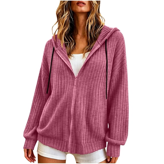 Ghalytn Women's Ribbed Knit Zip Up Hoodie Long Sleeve Drawstring Hooded Sweater Jacket