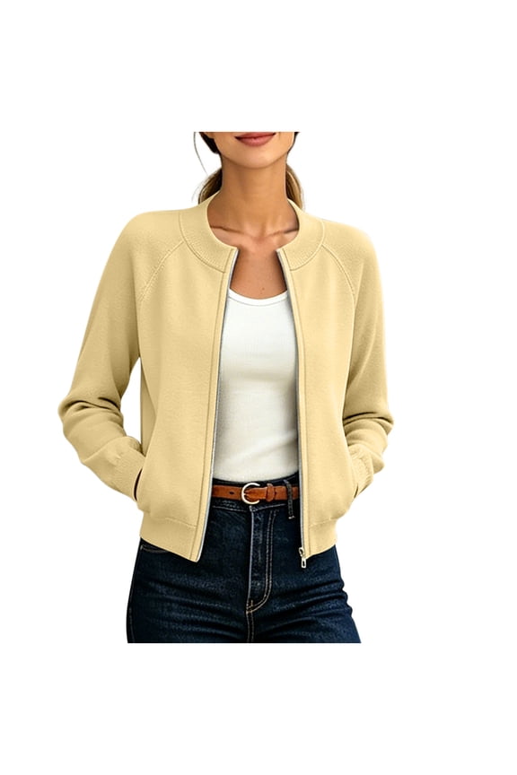 Women's Ribbed Stand Collar Full Zip Jacket with Side Pockets, Raglan Sleeve Cropped Loose Fit Casual Coat