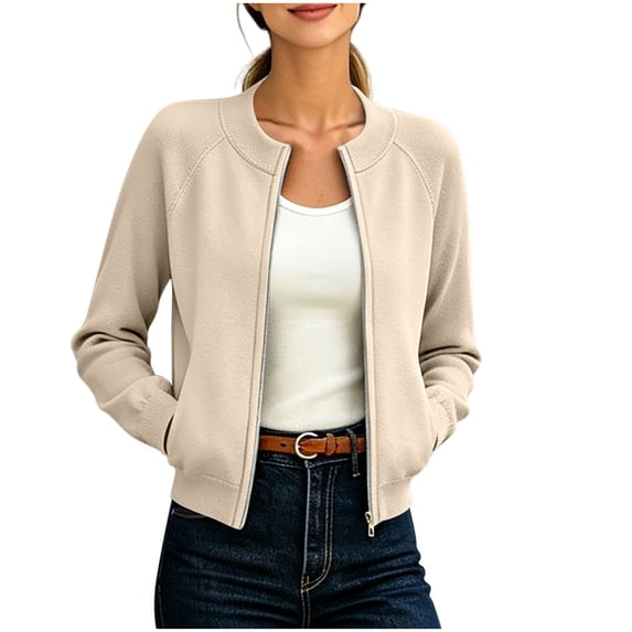 Ghalytn Women's Ribbed Stand Collar Full Zip Jacket with Side Pockets, Raglan Sleeve Cropped Loose Fit Casual Coat