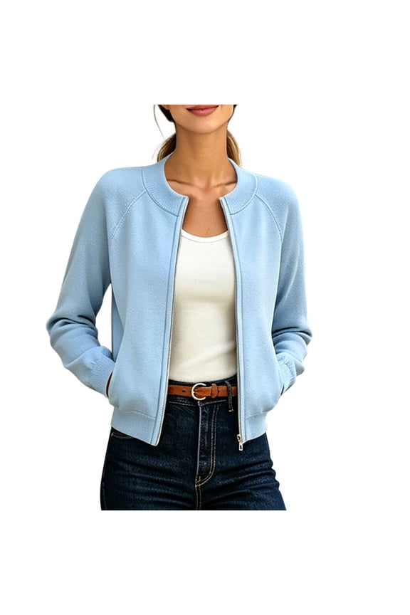 Women's Ribbed Stand Collar Full Zip Jacket with Side Pockets, Raglan Sleeve Cropped Loose Fit Casual Coat