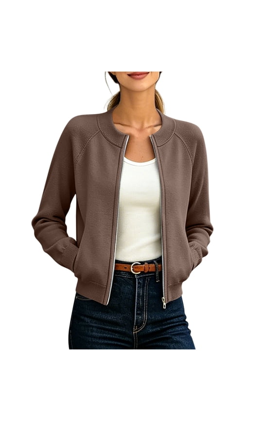 Women's Ribbed Stand Collar Full Zip Jacket with Side Pockets, Raglan Sleeve Cropped Loose Fit Casual Coat