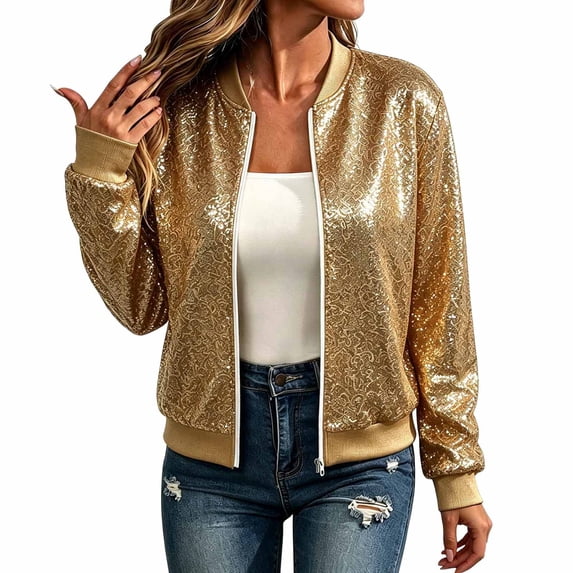 Ghalytn Women's Sequin Bomber Jacket Long Sleeve Zip Up Stand Collar Sparkly Outerwear Party Night Out
