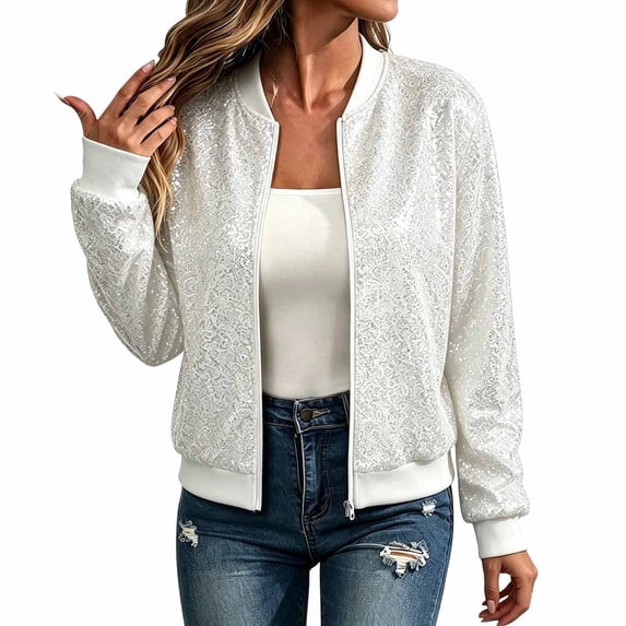 Ghalytn Women's Sequin Bomber Jacket Long Sleeve Zip Up Stand Collar Sparkly Outerwear Party Night Out