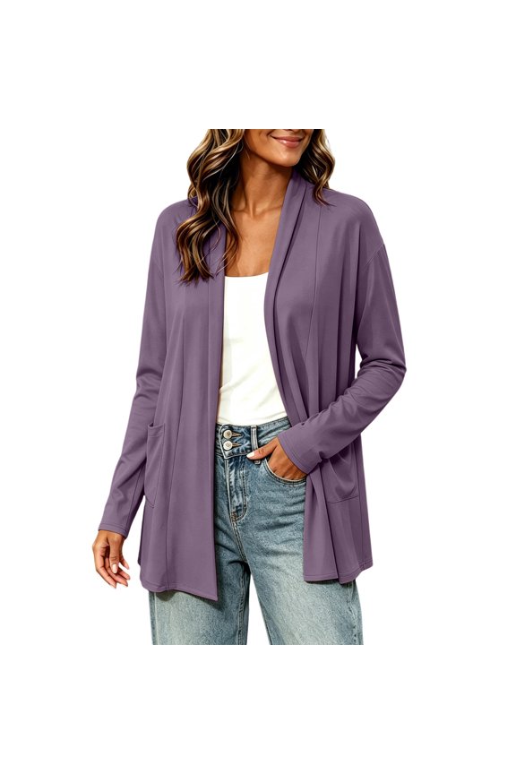 Women's Shawl Collar Open Front Knit Cardigan Jacket, Rib Cuff Relaxed Mid-Length Layering Coat with Pockets