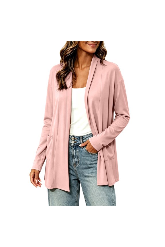 Women's Shawl Collar Open Front Knit Cardigan Jacket, Rib Cuff Relaxed Mid-Length Layering Coat with Pockets