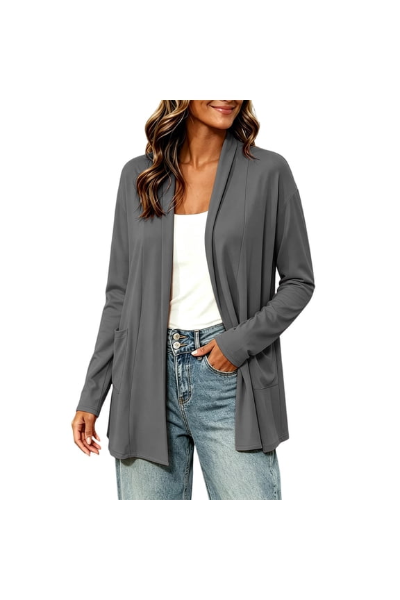 Women's Shawl Collar Open Front Knit Cardigan Jacket, Rib Cuff Relaxed Mid-Length Layering Coat with Pockets