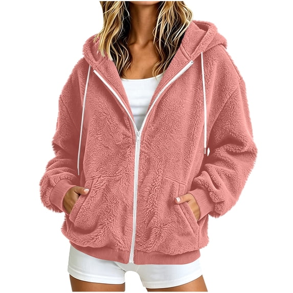 Ghalytn Women's Sherpa Fleece Zip Up Hoodie Jacket, Oversized Long Sleeve Hooded Coat with Pockets