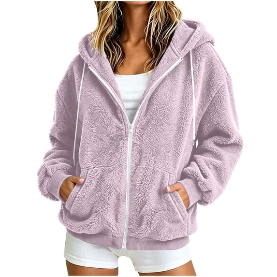 Ghalytn Women's Sherpa Fleece Zip Up Hoodie Jacket, Oversized Long Sleeve Hooded Coat with Pockets