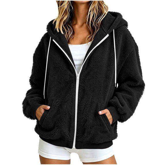 Ghalytn Women's Sherpa Fleece Zip Up Hoodie Jacket, Oversized Long Sleeve Hooded Coat with Pockets