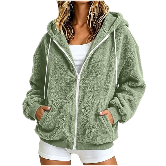 Ghalytn Women's Sherpa Fleece Zip Up Hoodie Jacket, Oversized Long Sleeve Hooded Coat with Pockets