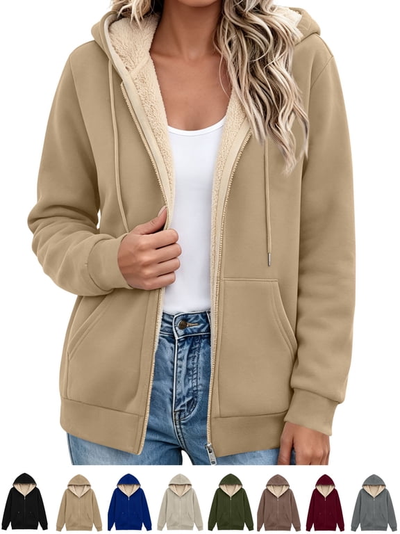 Women's Sherpa Lined Zip Up Hoodie Jacket Drawstring Hooded Fleece Coat with Pockets Casual Warm Winter Outerwear
