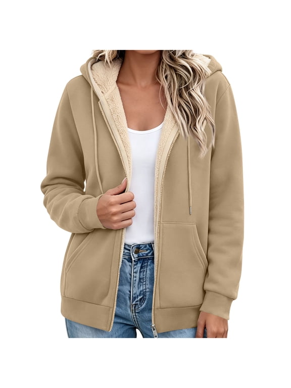 Women's Sherpa Lined Zip Up Hoodie Jacket Drawstring Hooded Fleece Coat with Pockets Casual Warm Winter Outerwear