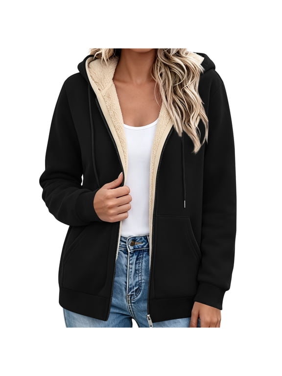Women's Sherpa Lined Zip Up Hoodie Jacket Drawstring Hooded Fleece Coat with Pockets Casual Warm Winter Outerwear