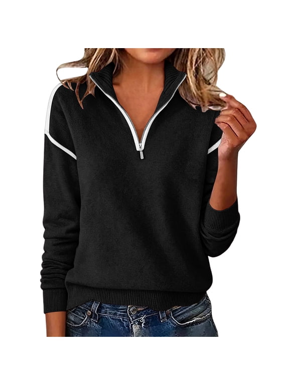 Women's Shoulder Stripe Half Zip Knit Sweater, Rib Collar Rib Cuff Long Sleeve Relaxed Fit Pullover Top