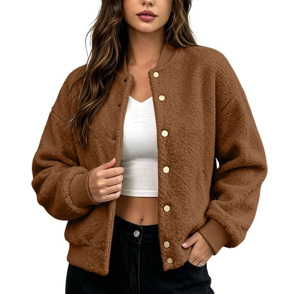 Ghalytn Women's Teddy Fleece Varsity Jacket, Button-Front Cropped Baseball Collar Coat with Ribbed Cuffs and Pockets