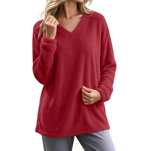 Ghalytn Women's V-Neck Fleece Top Long Sleeve Fuzzy Pullover Loungewear Shirt