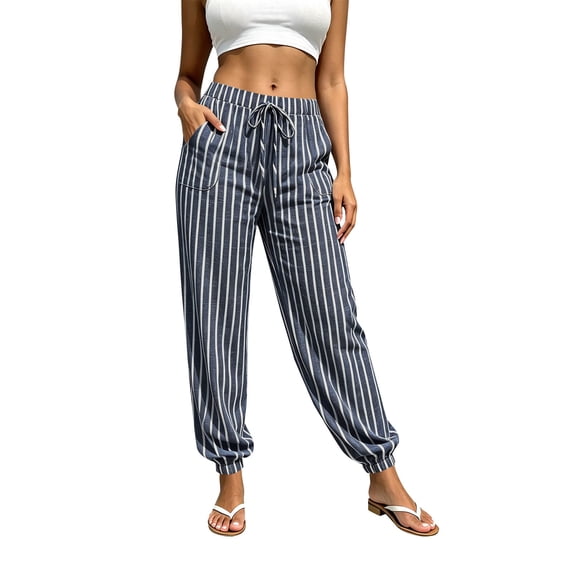 Ghalytn Women's Vertical Stripe Jogger Pants - Drawstring Waist Elastic Cuff Lounge Pants with Pockets