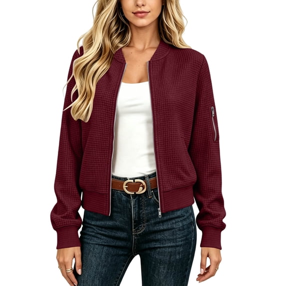 Ghalytn Women's Waffle Knit Zip Up Jacket with Side and Sleeve Pockets, Stand Collar Cropped Casual Coat