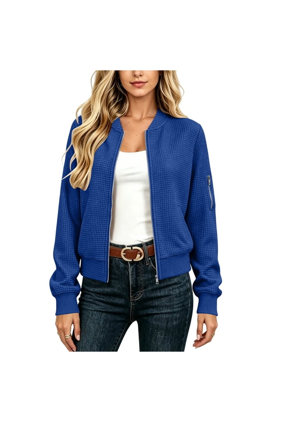 Women's Waffle Knit Zip Up Jacket with Side and Sleeve Pockets, Stand Collar Cropped Casual Coat
