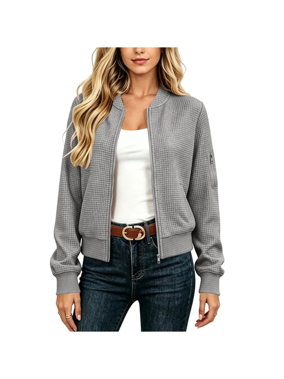 Women's Waffle Knit Zip Up Jacket with Side and Sleeve Pockets, Stand Collar Cropped Casual Coat