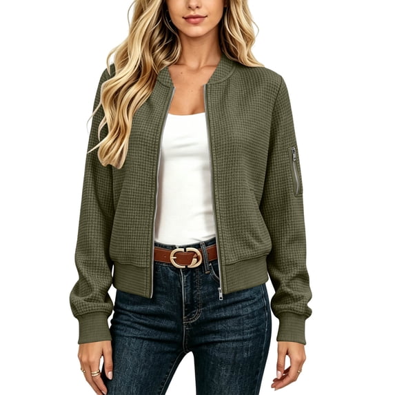 Ghalytn Women's Waffle Knit Zip Up Jacket with Side and Sleeve Pockets, Stand Collar Cropped Casual Coat