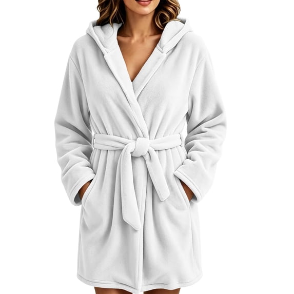 Ghalytn Women's Zip-Up Hooded Fleece Bath Robe, Long Sleeve Short Robe with Tie Belt and Pockets
