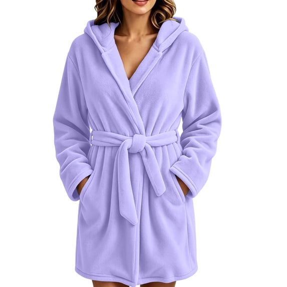 Ghalytn Women's Zip-Up Hooded Fleece Bath Robe, Long Sleeve Short Robe with Tie Belt and Pockets