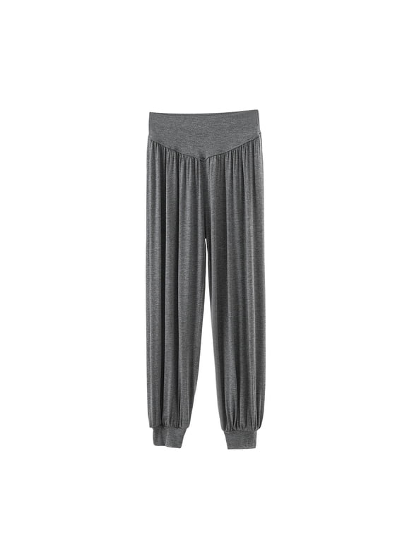 Womens High Waist Harem Sleep Pants V Notch Wide Band Loose Jogger Cuffed Ankle Lounge Bottoms