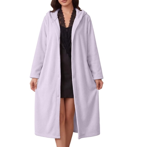 Ghalytn Womens Waffle Knit Hooded Robe Button Front Long Mid Calf House Coat Loungewear