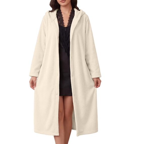 Ghalytn Womens Waffle Knit Hooded Robe Button Front Long Mid Calf House Coat Loungewear