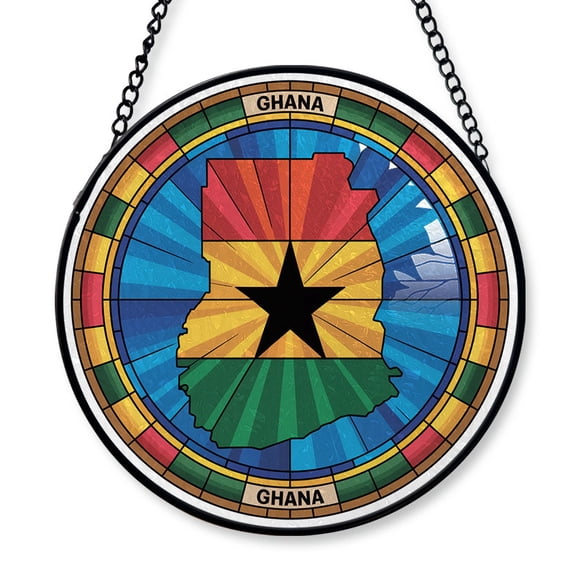 Ghana Travel Decor Suncatcher Stained Glass Window Hanging, Gift for Traveller, Collection of Country Travel Souvenirs for Family and Friends, Ghana Map and Flag Décor