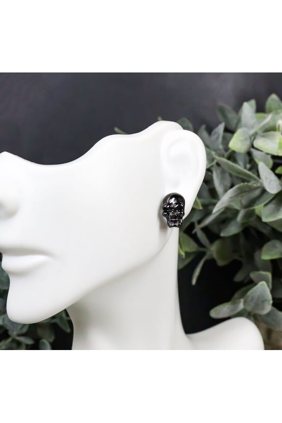 Ghastly Gothic Evil Grinning Skulls Gunmetal Stud Earrings Metal Pewter Alloy