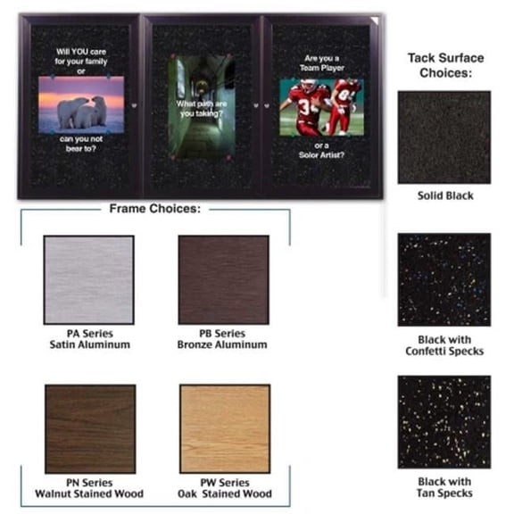 Ghent 36 in. x 72 in. 3-Door Satin Aluminum Frame Enclosed Recycled Rubber Tackboard - Black