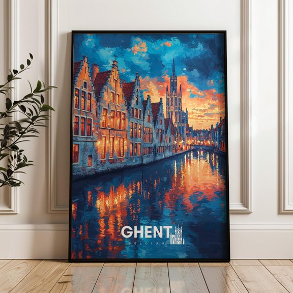 Ghent Belgium Travel Print, Romantic Canal Cityscape Art, Unframed Canvas 8x10in
