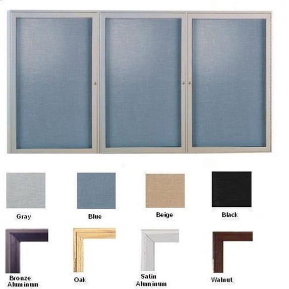 Ghent PN34872F-91 48 in. x 72 in. 3-Door Walnut Wood Frame Enclosed Fabric Tackboard - Gray