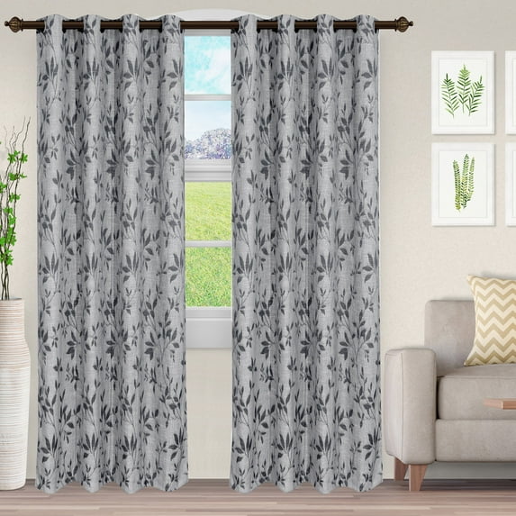 Ghera Light Filtering Opaque Floral Jacquard Curtain Set Charcoal Ivory / 52"x63"
