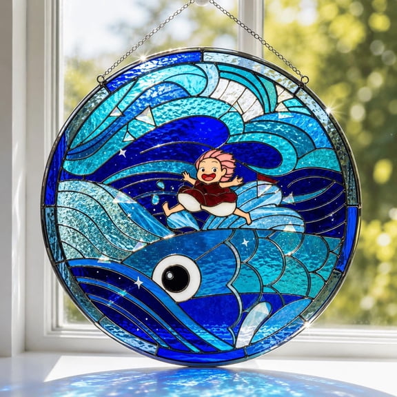 Ghi.bl.i Inspired Suncatcher, Ocean Waves Window Hanging, Handcrafted Fantasy Art Decor, Unique Home Gift For Anime Fans