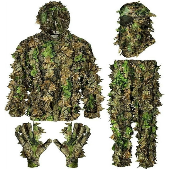 Leafy Camo Ghillie Suit 3D Leaf Camouflage Hunting Jacket and Pants with Gloves and Face Mask, Green Leaf Size 2X-3X