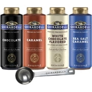 Ghirardelli Chocolate, Caramel, White Chocolate and Sea Salt Caramel Flavored Sauce 16 oz Bottles Pack of 4 with Ghirardelli Stamped Barista Spoon